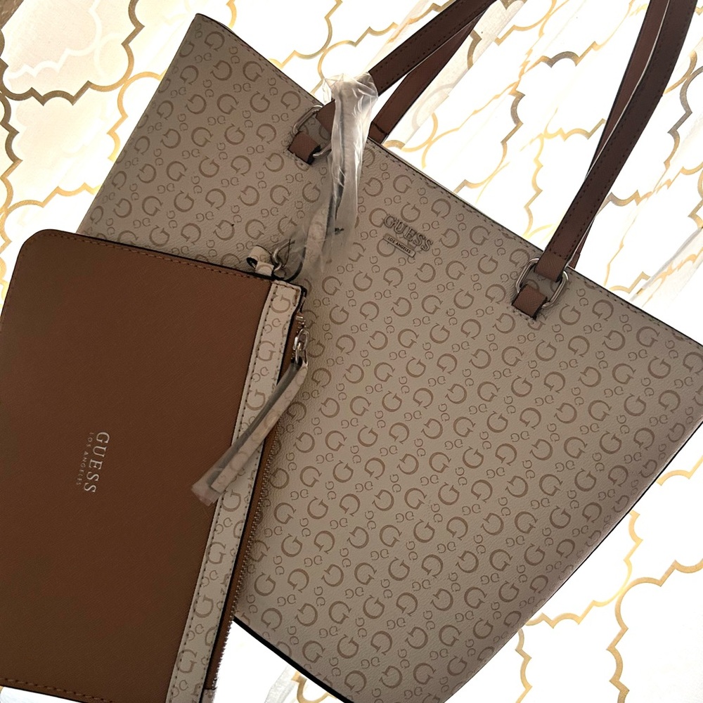 Guess Beige and Brown Logo Tote with Pouch